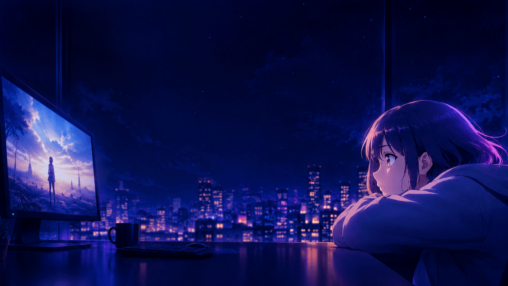 A girl at her desk in front of a monitor, looking out over a city at night